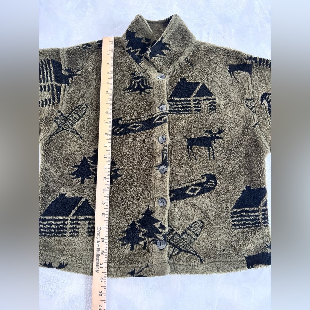 Vintage True Grit Cabin Fever Fleece Jacket Olive Green Nature Print USA Size M - Picture 4 of 10